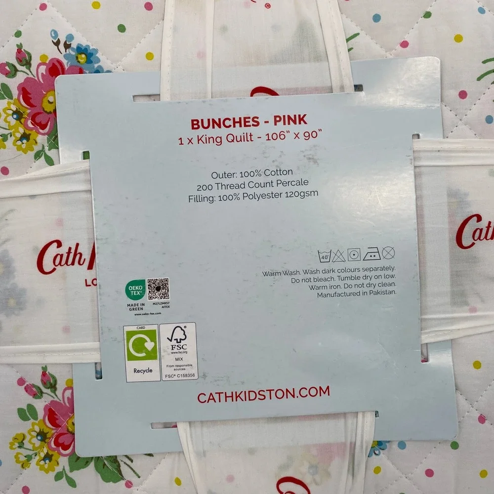 Cath Kidston Bunches Pink King Quilt White Floral Polka Dot Cotton Bedspread